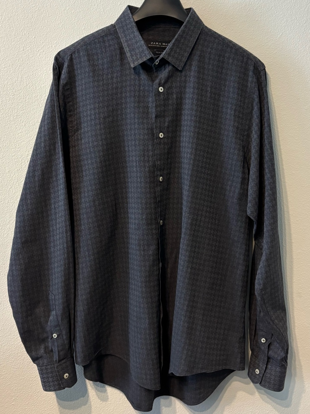 ZARA Man Button Down Shirt Dark Gray Micro Checked Pattern Slim Fit Size XL